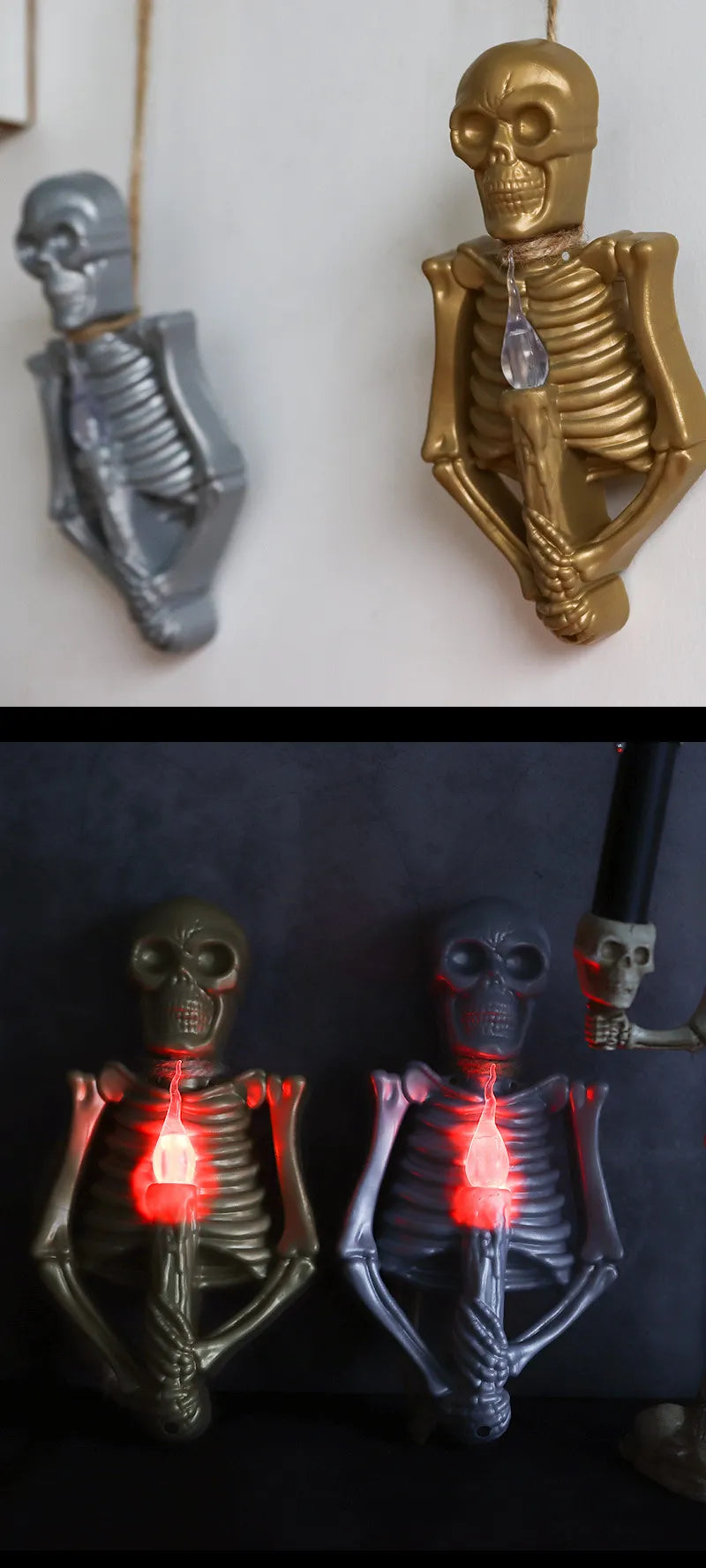 Lampe crâne suspendue Halloween — finition dorée et argentée